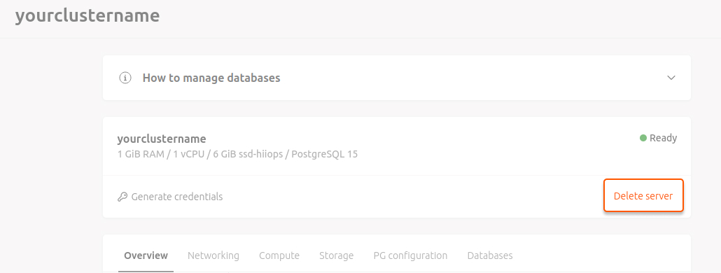 manage postgresql delete server