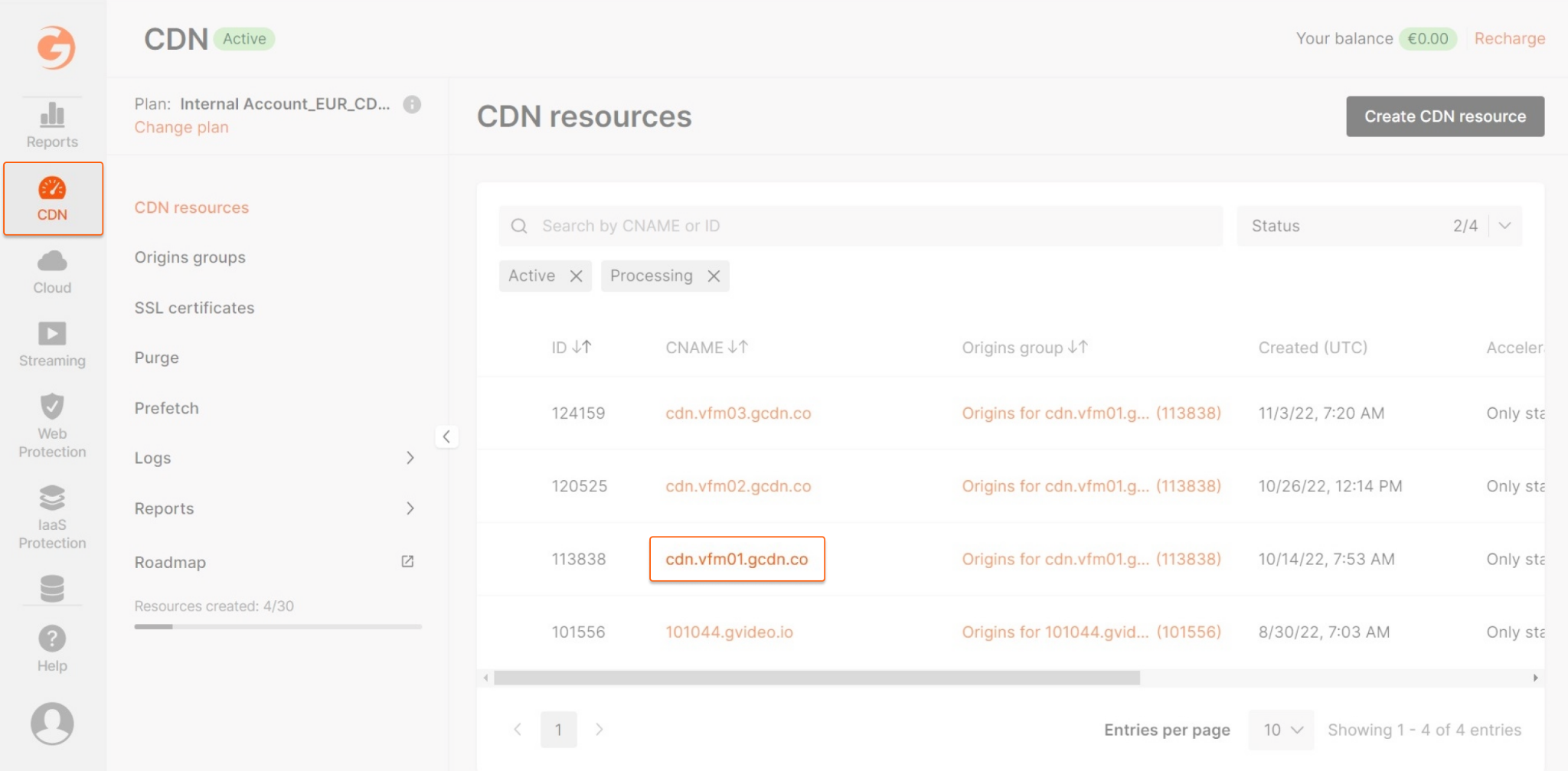 Set via the Gcore Customer Portal