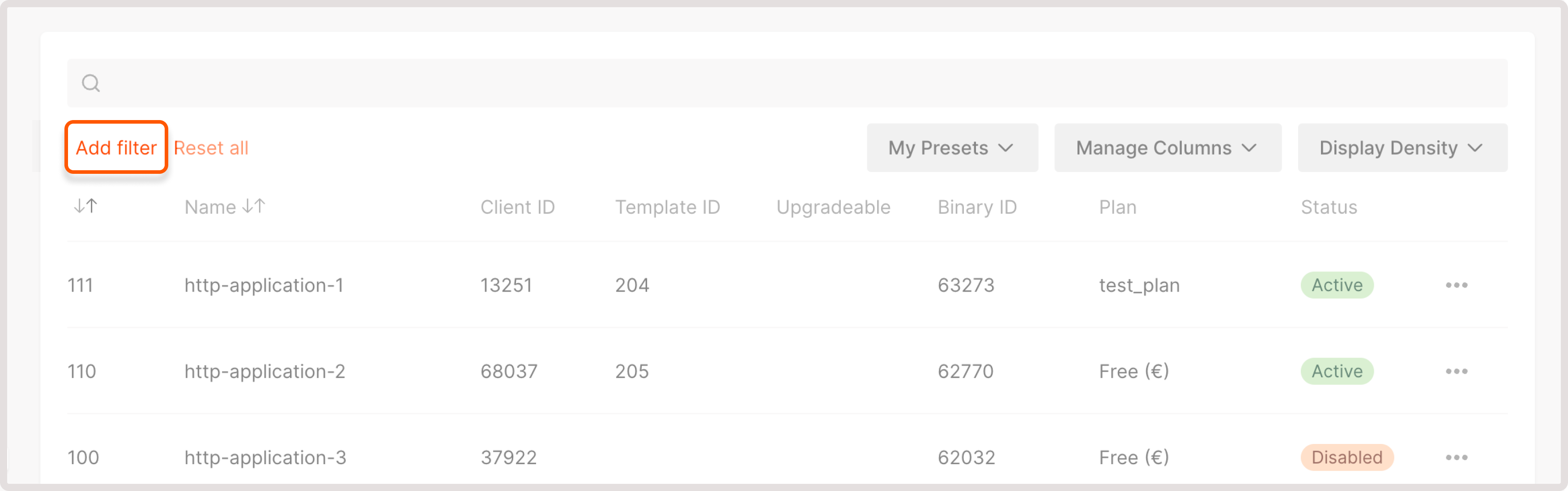 Add filter button highlighted
