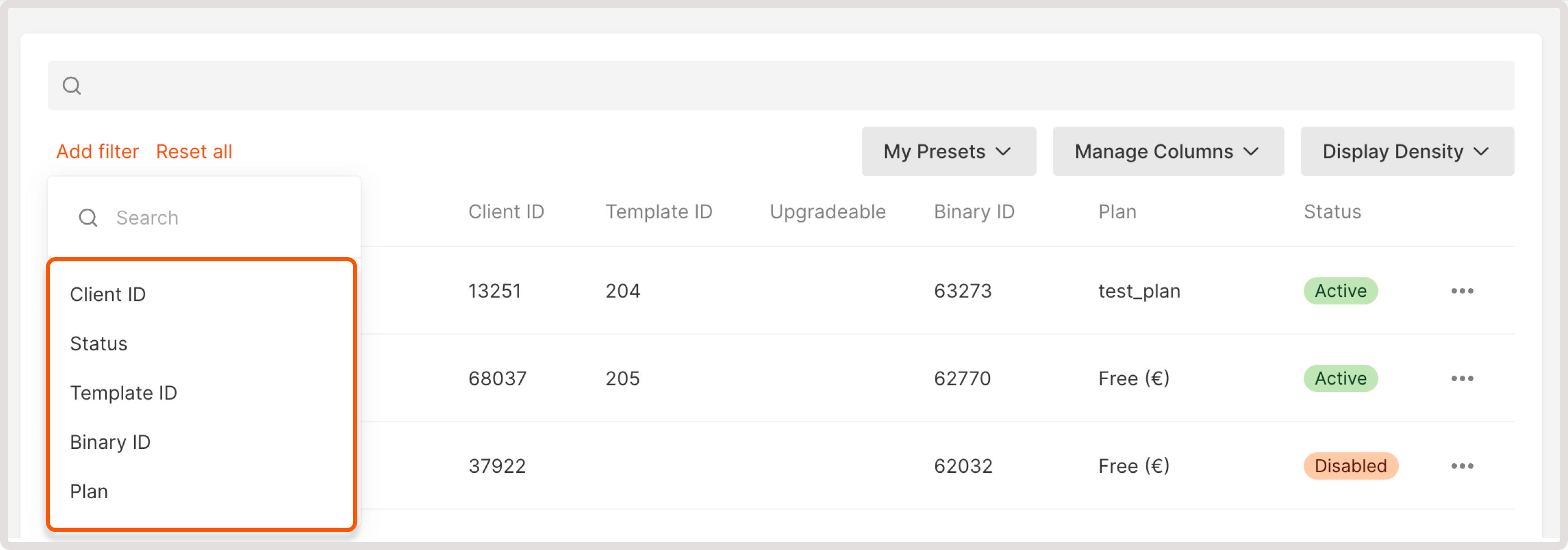 List of table filters