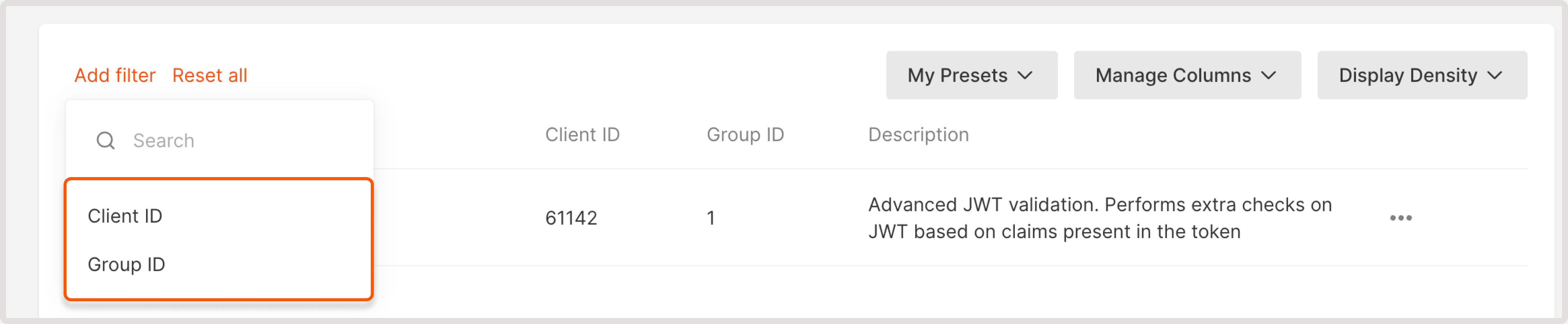 List of table filters