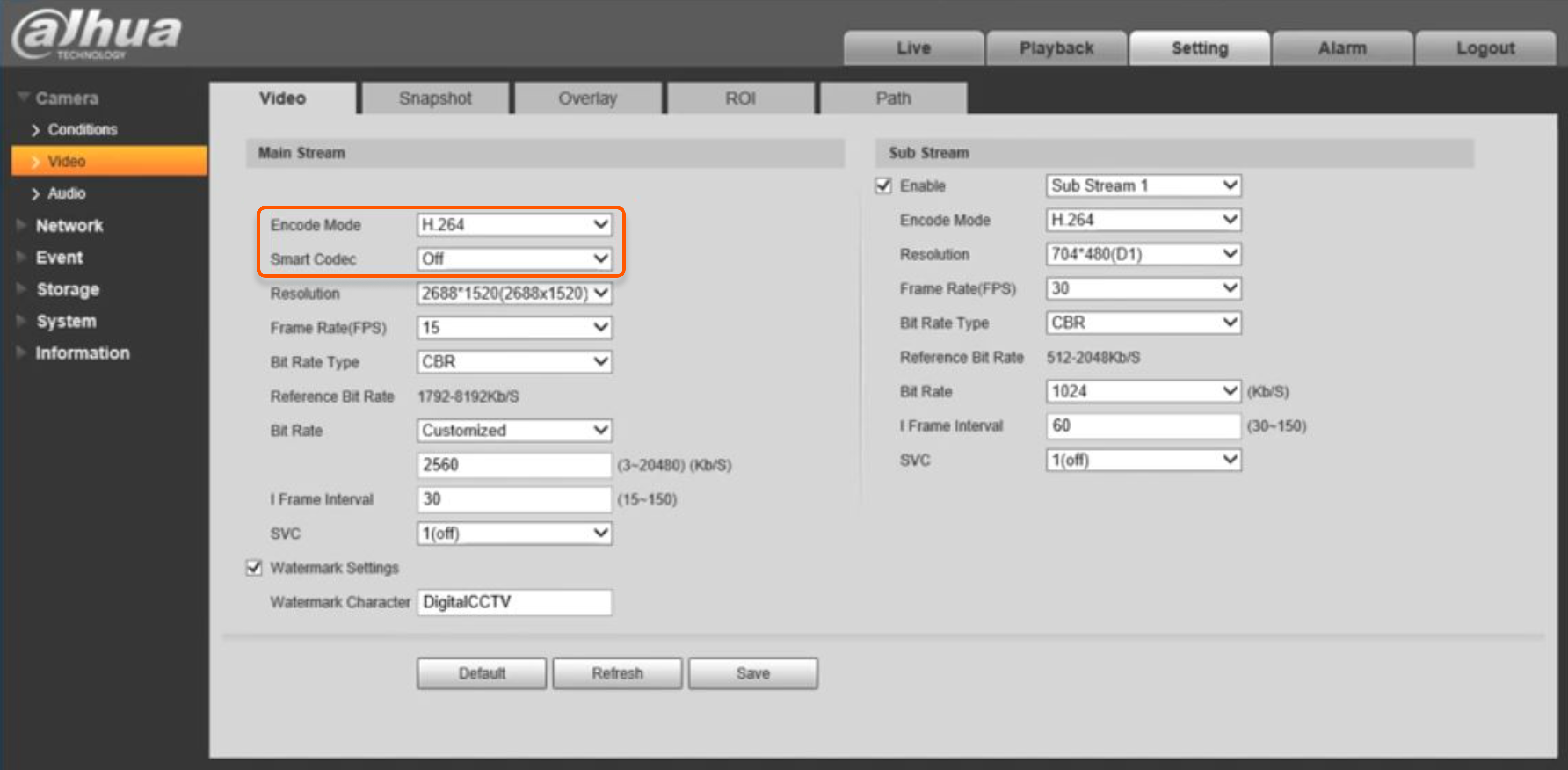 Web camera codec settings
