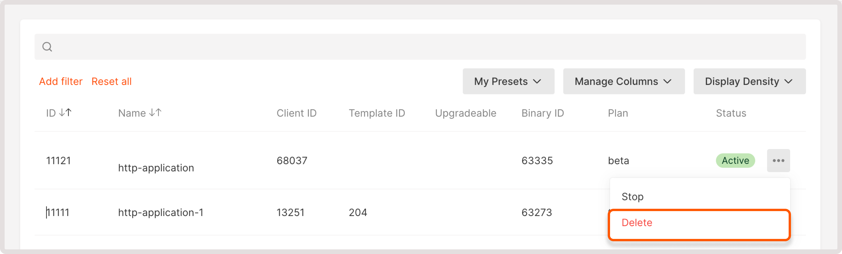 Application settings menu with delete button highlighted