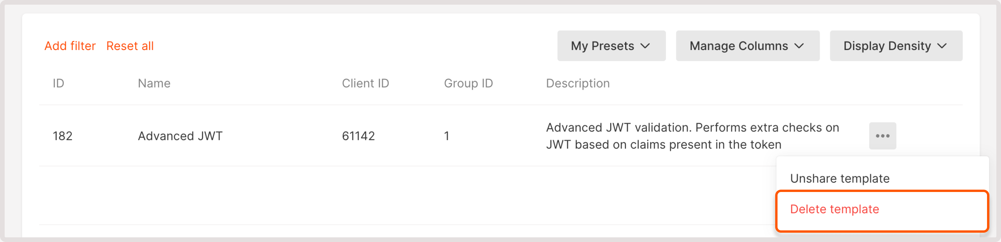 Template settings menu with delete button highlighted