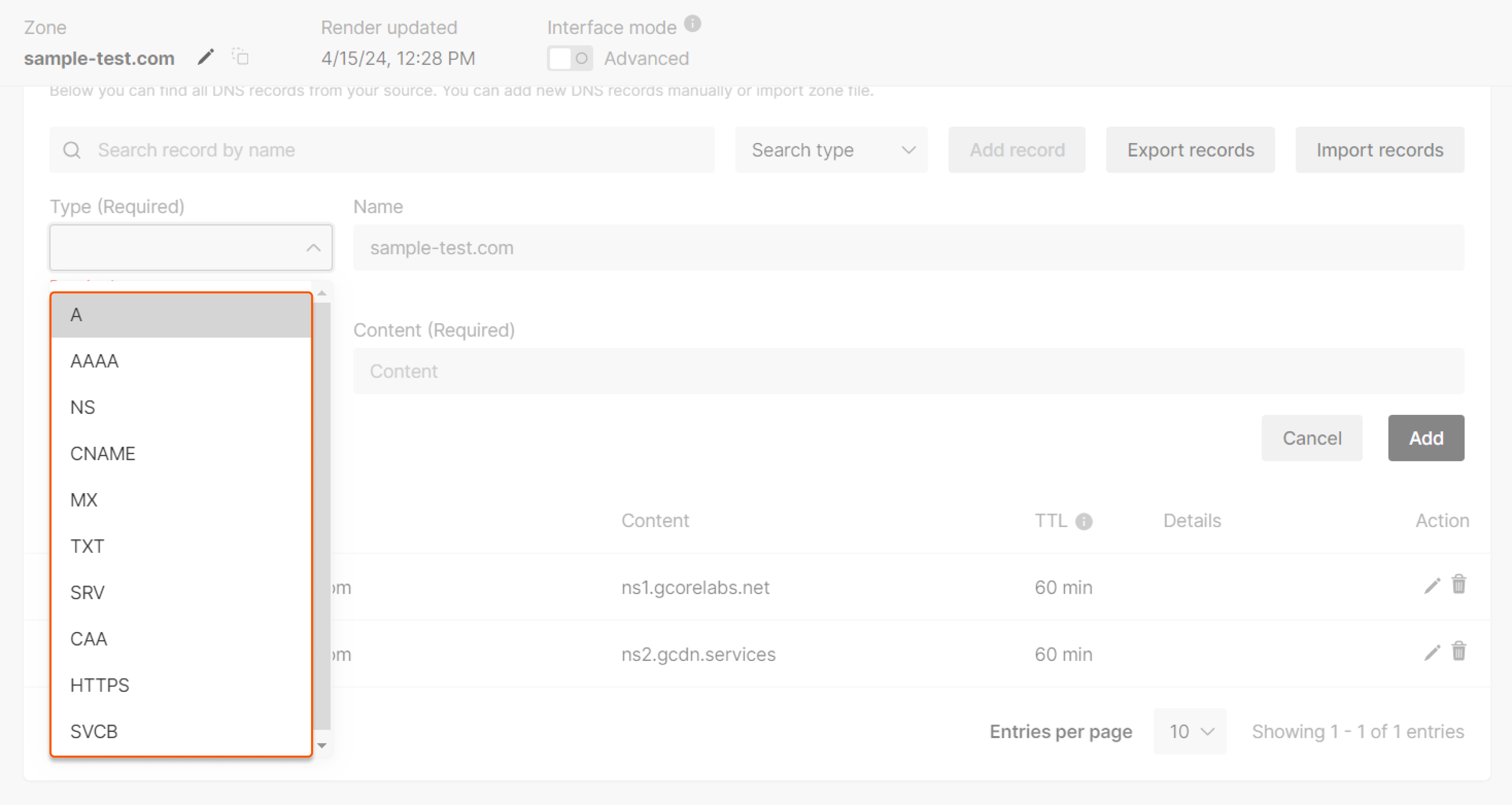 Supported DNS record types