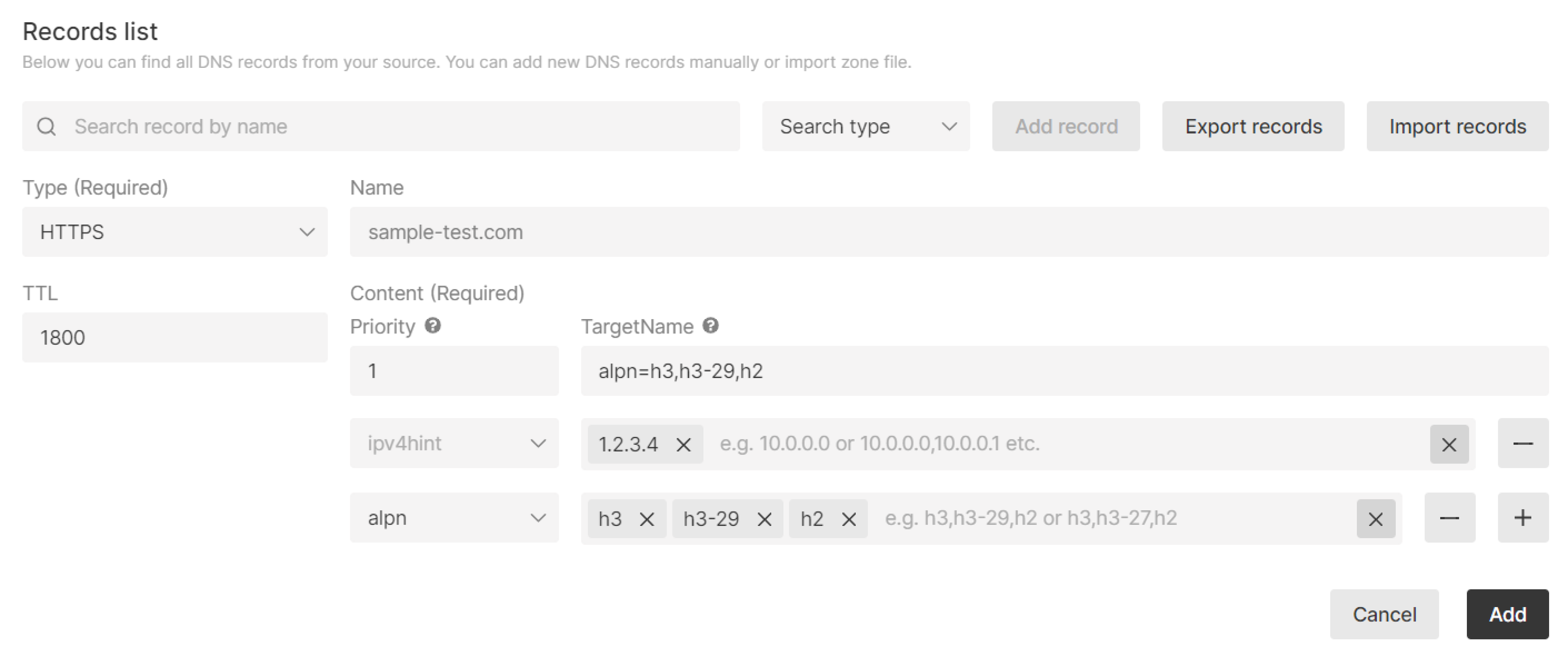 Example of adding an HTTPS record