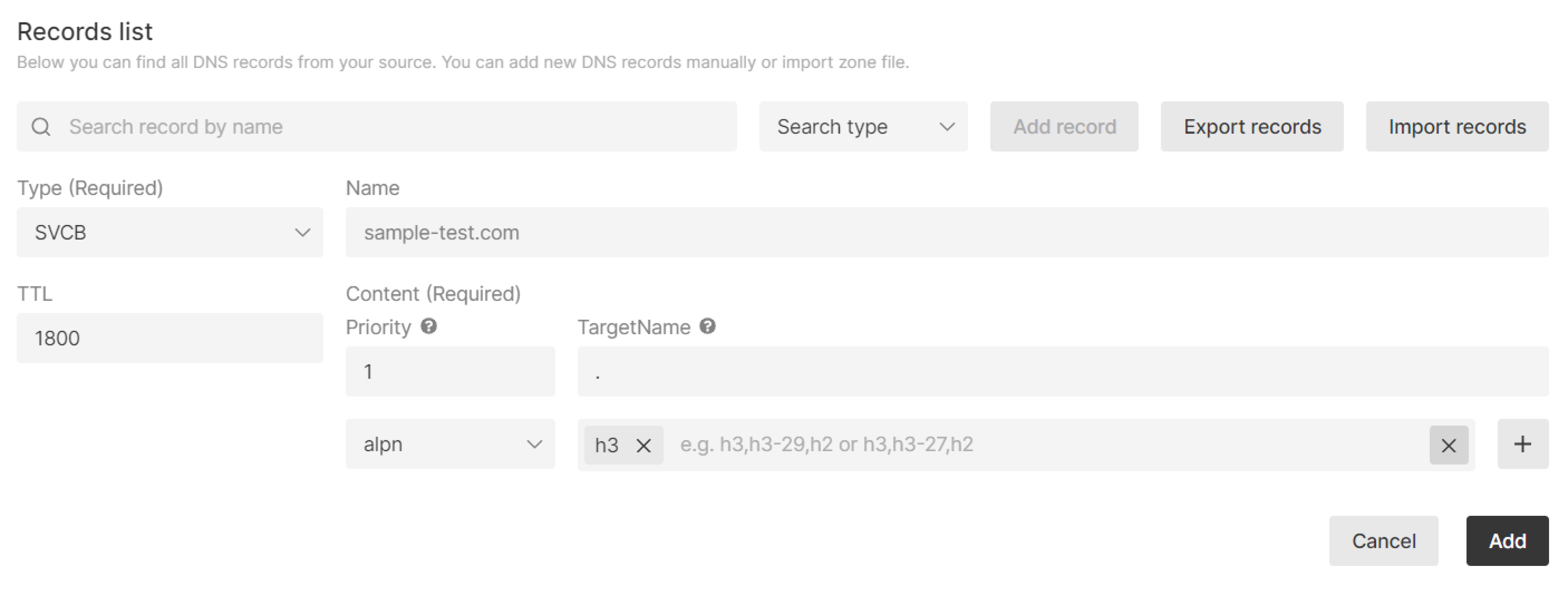 Example of adding an SVCB record