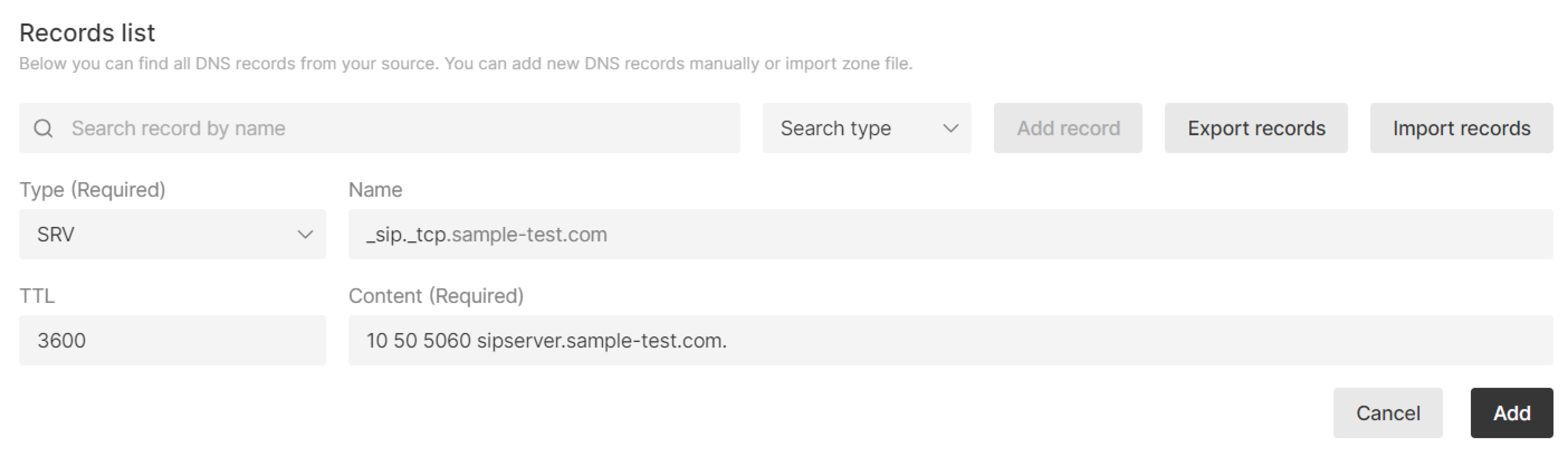 Example of adding a SRV record