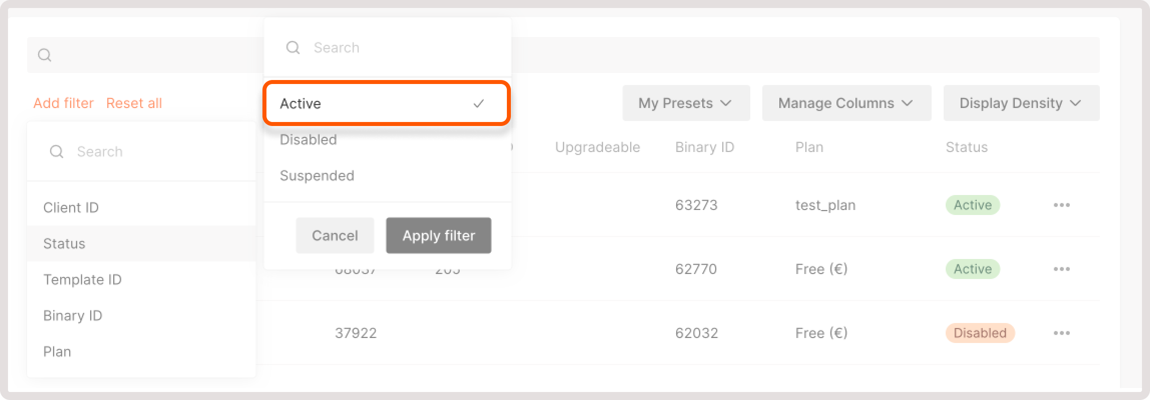 Table filter set to active status