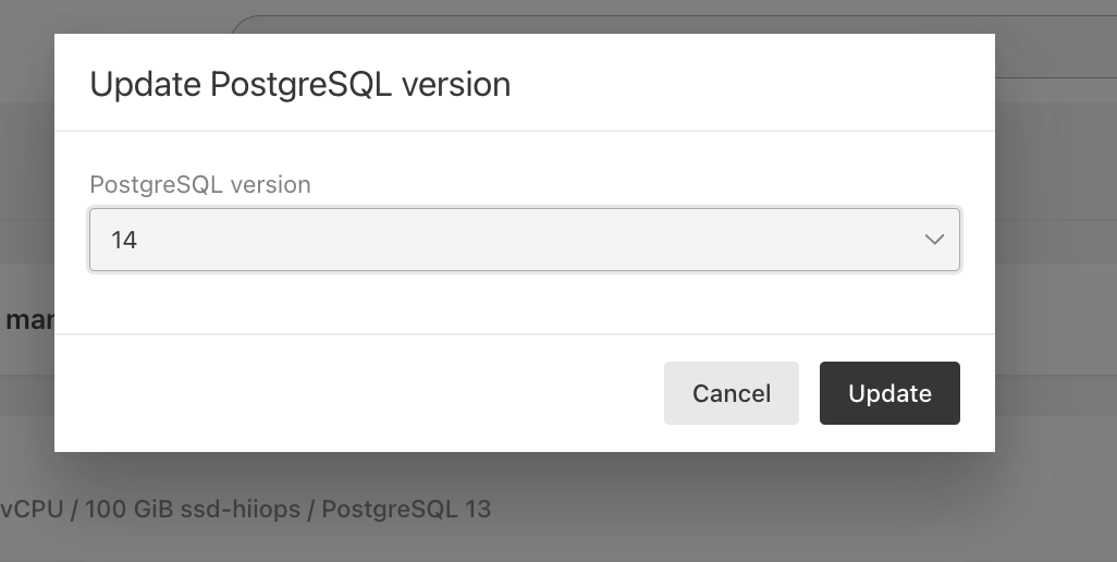manage postgresql update version pop up