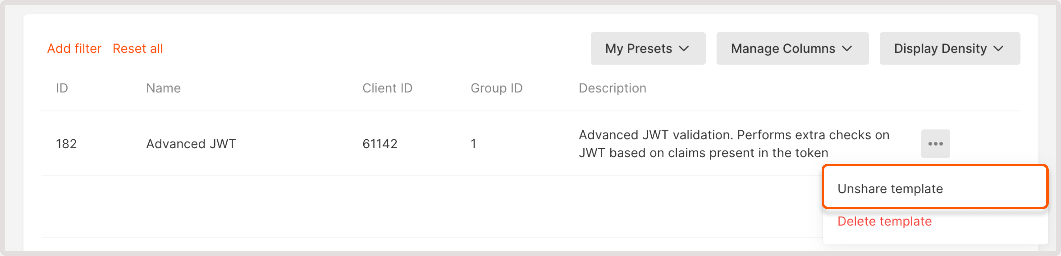 Template settings menu with unshare button highlighted