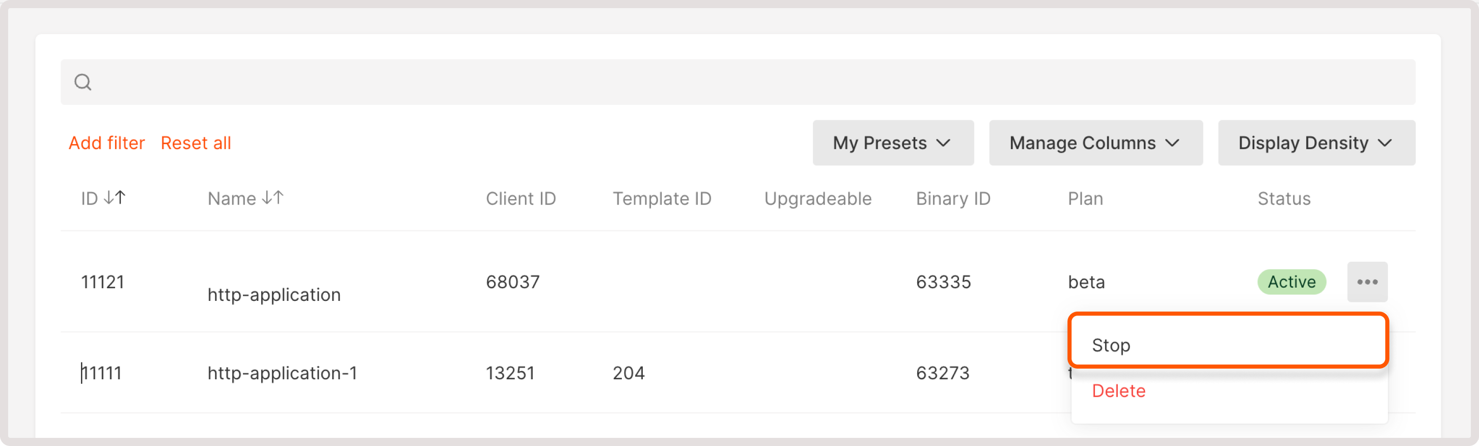 Application settings menu with stop button highlighted