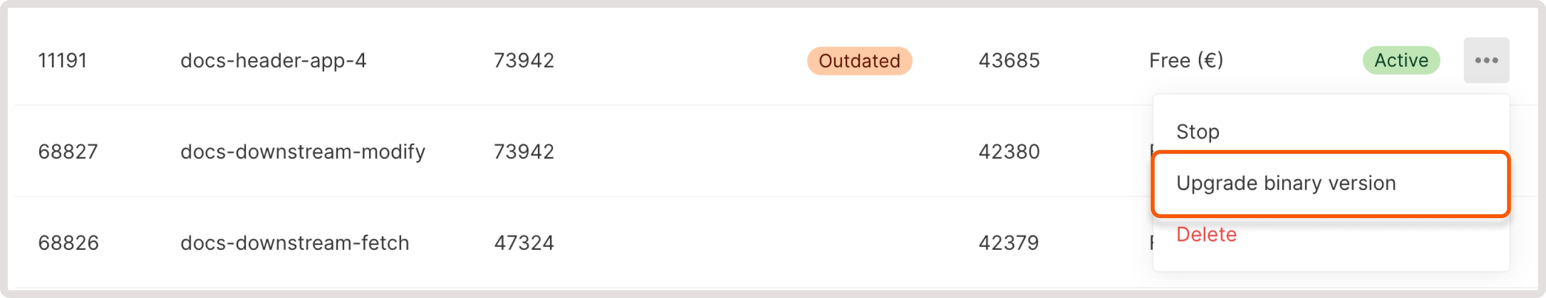 Application settings menu with upgrade button highlighted