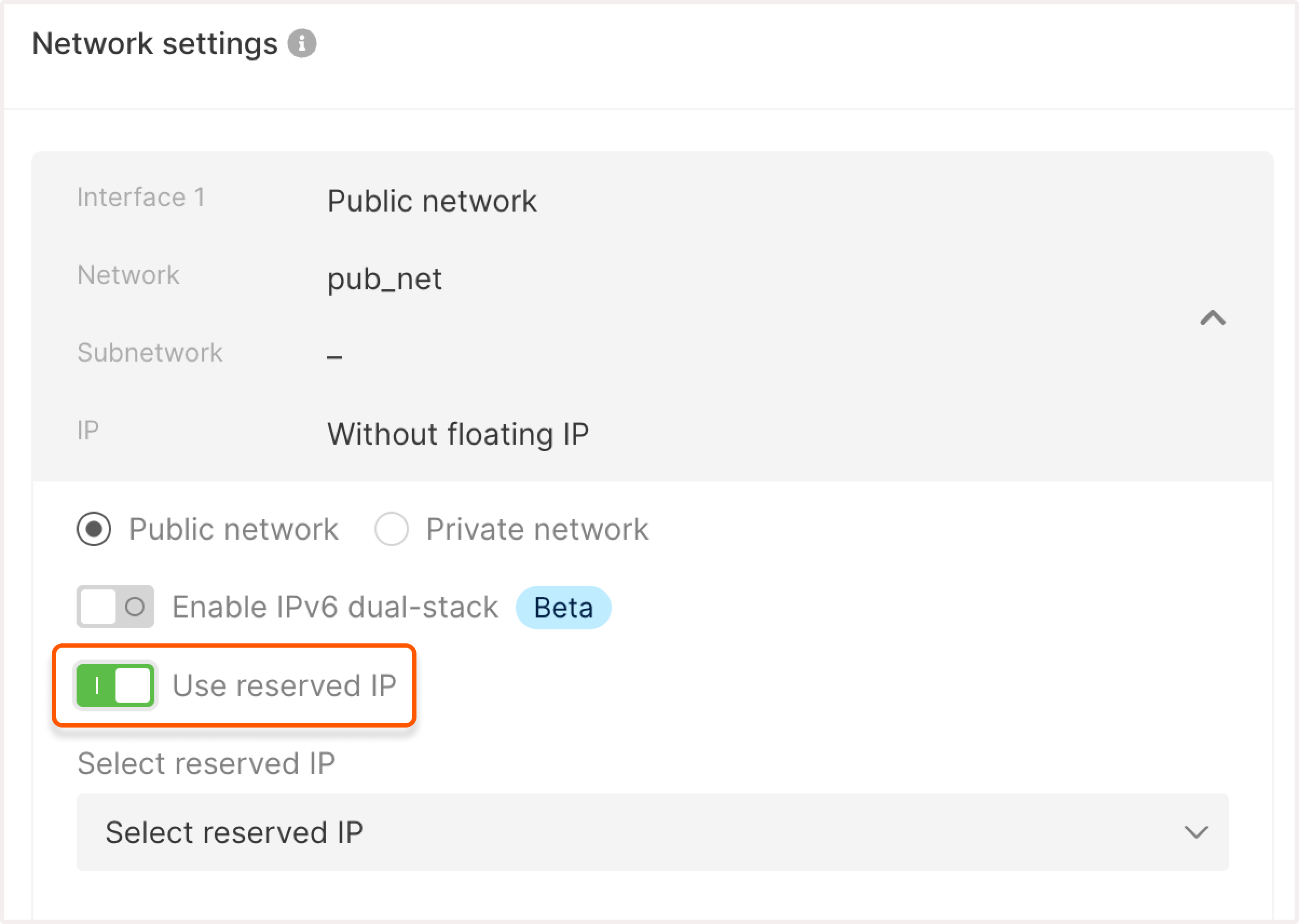 Network settings with highlighted Reserved IP toggle